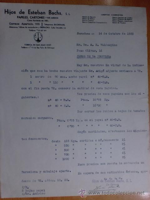 Cartas comerciales: CARTA COMERCIAL. BARCELONA. OCTUBRE 1953. HIJOS DE ESTEBAN BACHS, S. L. PAPELES, CARTONES Y ANEXOS.