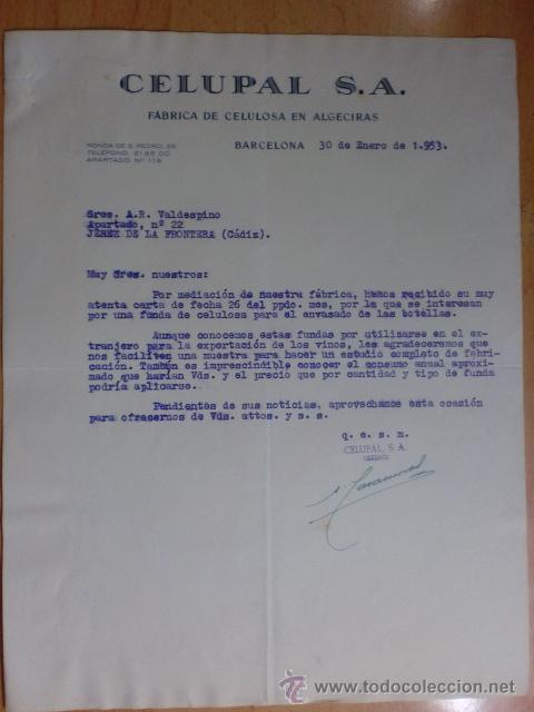 Cartas comerciales: CARTA COMERCIAL. BARCELONA. ENERO 1953. CELUPAL, S. A. FABRICA DE CELULOSA EN ALGECIRAS.