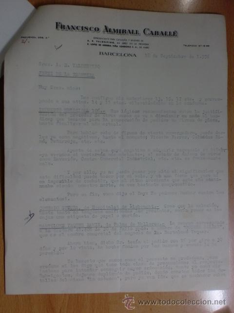 Cartas comerciales: CARTA COMERCIAL. BARCELONA. SEPTIEMBRE 1956. FRANCISCO ALMIRALL CABALLE. REPRESENTANTE DE VALDESPINO