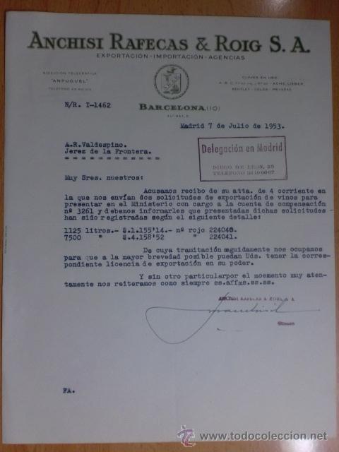 Cartas comerciales: CARTA COMERCIAL. BARCELONA. JULIO 1953. ANCHISI RAFECAS Y ROIG, S. A. EXPORTACION, IMPORTACION.