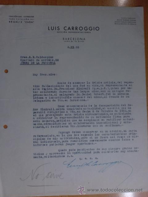 Cartas comerciales: CARTA COMERCIAL. BARCELONA. FEBRERO 1955. LUIS CARROGGIO. DISTRIBUIDOR DEL REGALIZ ZARA.