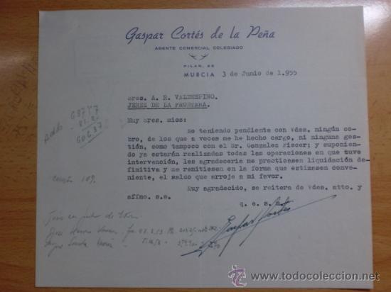 Gesch&auml;ftsbriefe: CARTA COMERCIAL. MURCIA. JUNIO 1955. GASPAR CORTES DE LA PE&Ntilde;A. AGENTE COMERCIAL COLEGIADO.