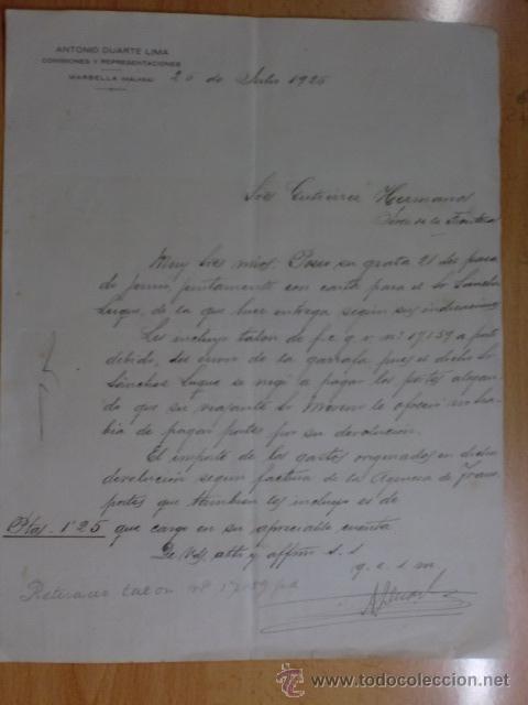 Gesch&auml;ftsbriefe: CARTA COMERCIAL. MARBELLA. JULIO 1926. ANTONIO DUARTE LIMA. COMISIONES Y REPRESENTACIONES.