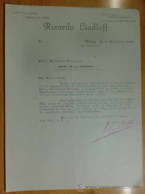 Gesch&auml;ftsbriefe: CARTA COMERCIAL. MALAGA. DICIEMBRE 1933. RICARDO LIEDLOFF.