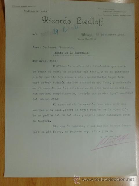 Gesch&auml;ftsbriefe: CARTA COMERCIAL. MALAGA. DICIEMBRE 1933. RICARDO LIEDLOFF.