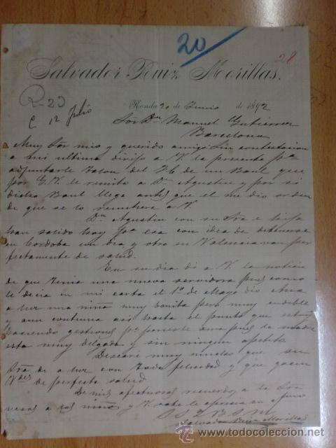 Gesch&auml;ftsbriefe: CARTA COMERCIAL. MALAGA, RONDA. JUNIO 1892. SALVADOR RUIZ MORILLAS.