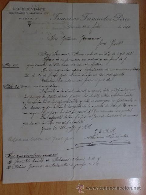 Gesch&auml;ftsbriefe: CARTA COMERCIAL. GRANADA. JULIO 1926. FRANCISCO FERNANDEZ PEREZ. REPRESENTANTE COLEGIADO.