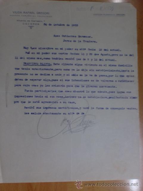 Gesch&auml;ftsbriefe: CARTA COMERCIAL. CACERES. OCTUBRE 1933. VIUDA DE RAFAEL GREGORI. AGENTE COMERCIAL COLEGIADO.