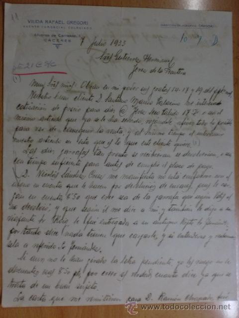 Gesch&auml;ftsbriefe: CARTA COMERCIAL. CACERES. JUNIO 1933. VIUDA DE RAFAEL GREGORI. AGENTE COMERCIAL COLEGIADO.