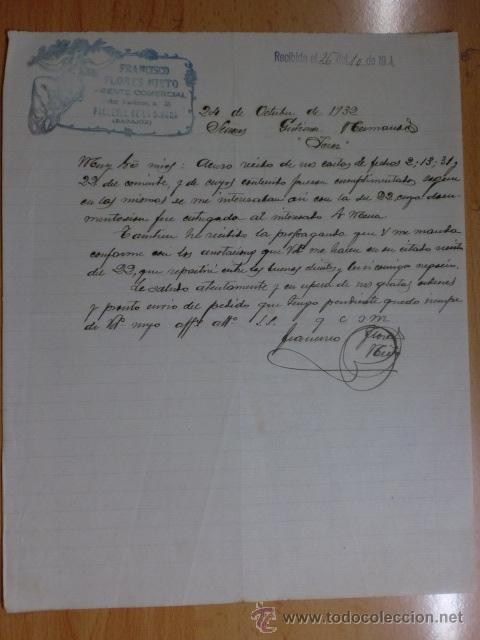 Gesch&auml;ftsbriefe: CARTA COMERCIAL. FREJENAR DE LA SIERRA. OCTUBRE 1932. FRANCISCO FLORES NIETO. AGENTE COMERCIAL.