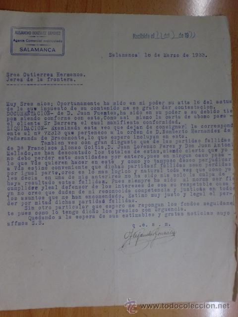 Gesch&auml;ftsbriefe: CARTA COMERCIAL. SALAMANCA. MARZO 1933. ALEJANDRO GONZALEZ SANCHEZ. AGENTE COMERCIAL MATRICULADO.