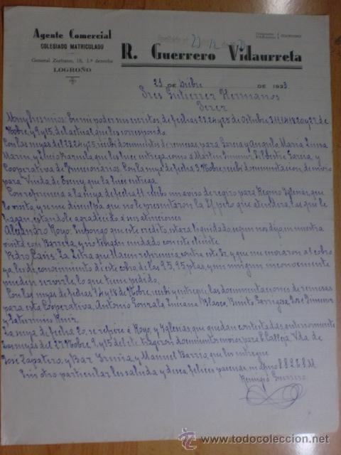 Gesch&auml;ftsbriefe: CARTA COMERCIAL. LOGRO&Ntilde;O. DICIEMBRE 1933. R. GUERRERO VIDAURRUETA. AGENTE COMERCIAL COLEGIADO.