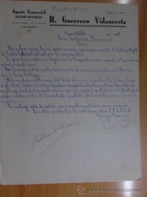 Gesch&auml;ftsbriefe: CARTA COMERCIAL. LOGRO&Ntilde;O. OCTUBRE 1933. R. GUERRERO VIDAURRUETA. AGENTE COMERCIAL COLEGIADO.