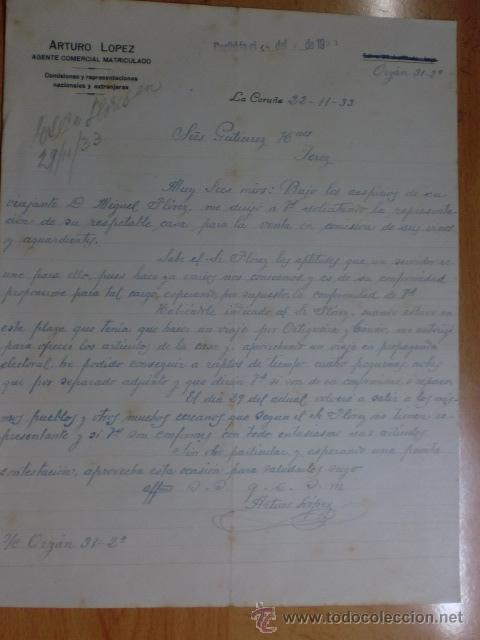 Gesch&auml;ftsbriefe: CARTA COMERCIAL. LA CORU&Ntilde;A. NOVIEMBRE 1933. ARTURO LOPEZ. AGENTE COMERCIAL MATRICULADO.