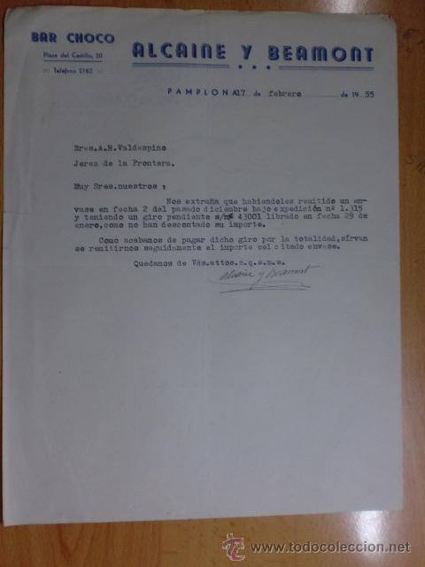 Gesch&auml;ftsbriefe: CARTA COMERCIAL. PAMPLONA. FEBRERO 1955. ALCAINE Y BEAMONT. BAR CHOCO.