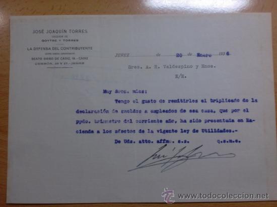 Cartas comerciais: CARTA COMERCIAL. JEREZ. ENERO 1936. JOSE JOAQUIN TORRES. LA DEFENSA DEL CONTIBUYENTE.