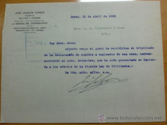 Cartas comerciais: CARTA COMERCIAL. JEREZ. ENERO 1936. JOSE JOAQUIN TORRES. GESTOR ADMINISTRATIVO.