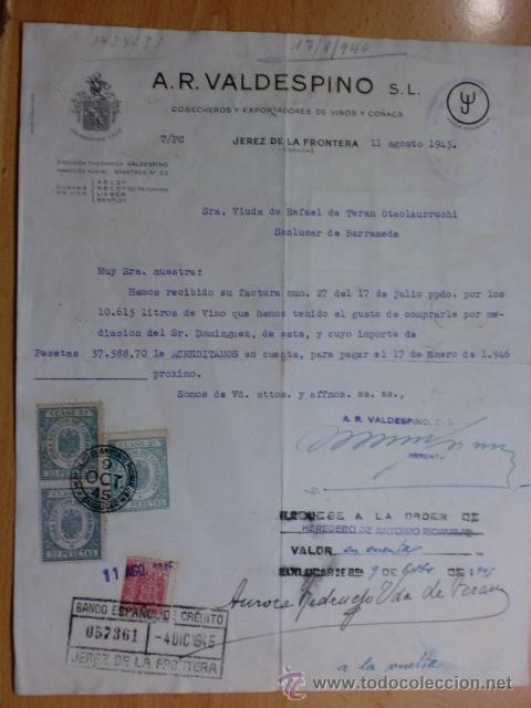 Cartas comerciais: CARTA COMERCIAL. JEREZ. AGOSTO 1945. A. R. VALDESPINO, S. L. COSECHEROS Y EXPORTADORES.