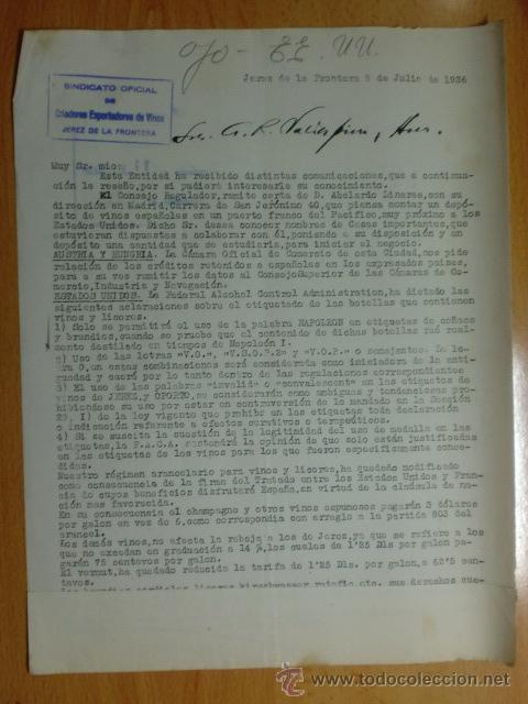 Cartas comerciais: CIRCULAR. JEREZ. JULIO 1936. SINDICATO OFICIAL DE CRIADORES  EXPORTADORES DE VINOS DE JEREZ.