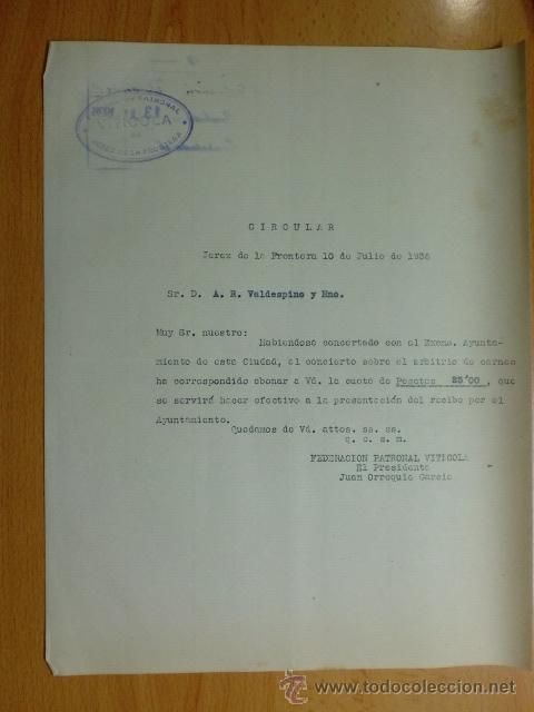 Cartas comerciais: CIRCULAR. JEREZ. JULIO 1936. FEDERACION PATRONAL VINICOLA DE JEREZ DE LA FRONTERA.