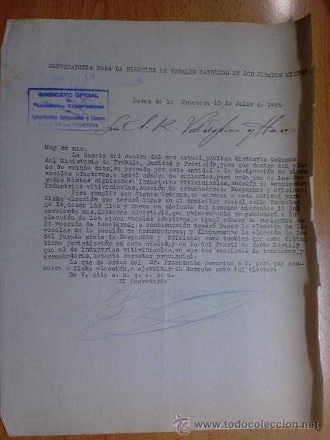 Cartas comerciais: CIRCULAR. JEREZ. JULIO 1936. SINDICATO OFICIAL DE FABRICANTES DE AGUARDIENTES DE JEREZ.