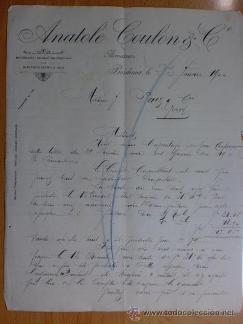 Commercial Letters: CARTA COMERCIAL. BORDEAUX. ENERO 1900. AMATOLE COULON Y CO. ARMATEURS.