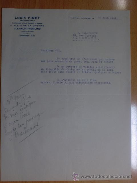 Commercial Letters: CARTA COMERCIAL. BORDEAUX. JUNIO 1934. LOUIS FINET. REPRESENTANTE.