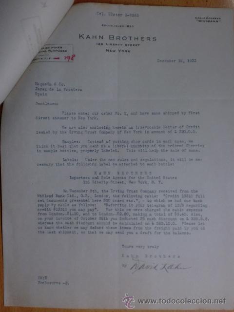 Commercial Letters: CARTA COMERCIAL. NEW YORK. DICIEMBRE 1933. KAHN BROTHERS. IMPORTADORES DE VINOS.