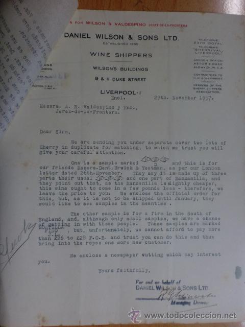 Commercial Letters: CARTA COMERCIAL. LIVERPOOL. NOVIEMBRE 1937. DANIEL WILSON Y SONS LTD. VINE SHIPPERS.