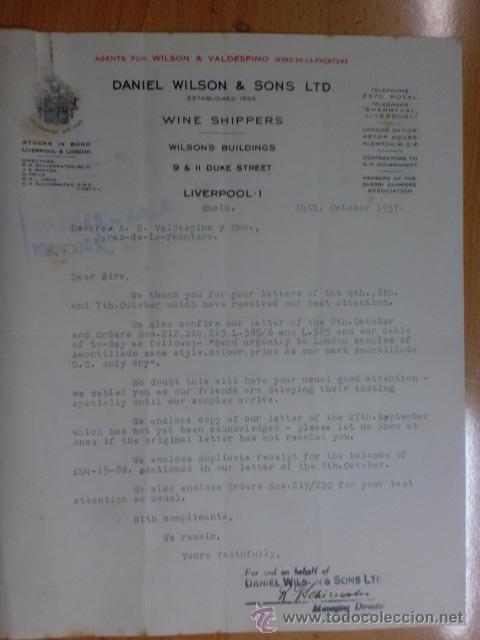 Commercial Letters: CARTA COMERCIAL. LIVERPOOL. OCTUBRE 1937. DANIEL WILSON Y SONS LTD. VINE SHIPPERS.