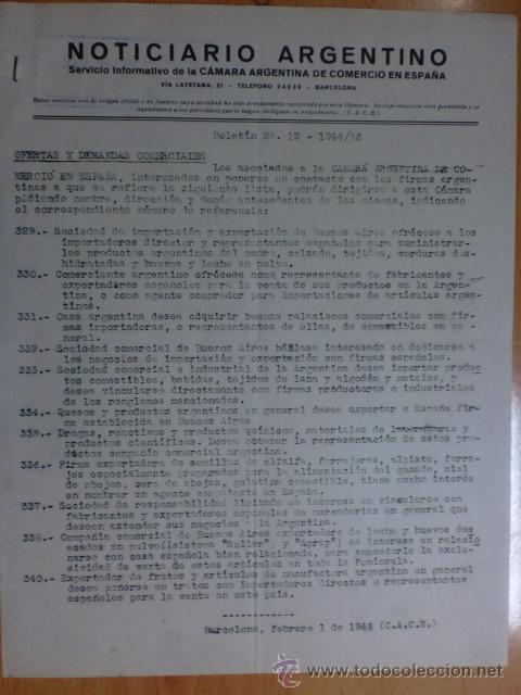 Commercial Letters: CIRCULAR. BARCELONA. FEBRERO 1945. NOTICIARIO ARGENTINO. BOLETIN N&ordm; 12 - 1944/45. VER EXPLICACION.