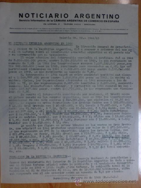Commercial Letters: CIRCULAR. BARCELONA. FEBRERO 1945. NOTICIARIO ARGENTINO. BOLETIN N&ordm; 13 - 1944/45. VER EXPLICACION.
