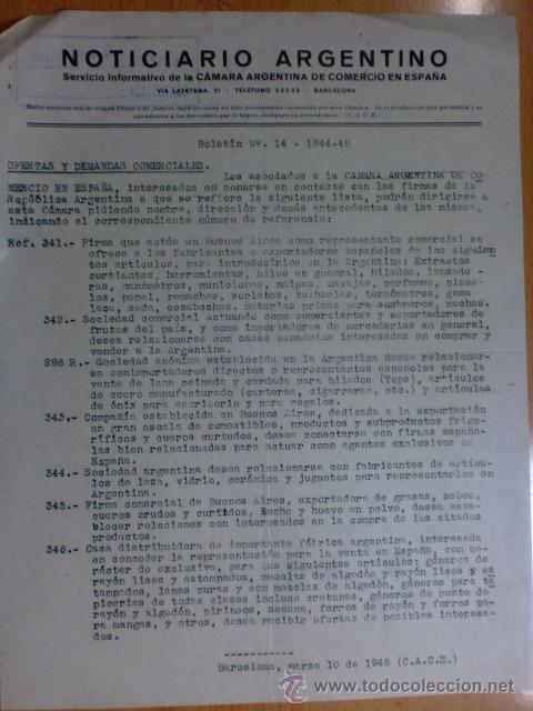 Commercial Letters: CIRCULAR. BARCELONA. MARZO 1945. NOTICIARIO ARGENTINO. BOLETIN N&ordm; 14 - 1944/45. VER EXPLICACION.
