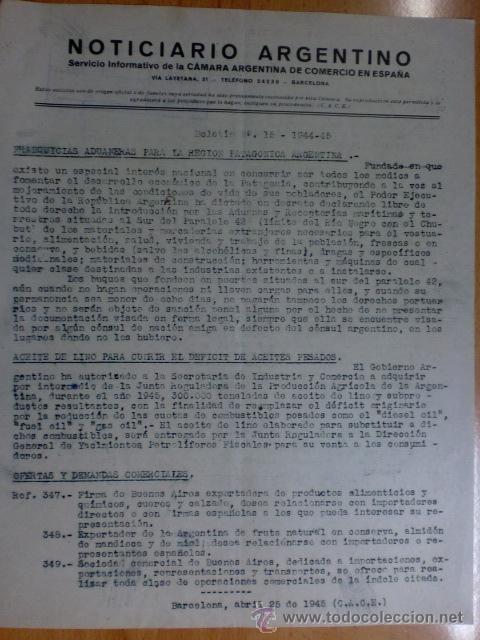 Commercial Letters: CIRCULAR. BARCELONA. ABRIL 1945. NOTICIARIO ARGENTINO. BOLETIN N&ordm; 15 - 1944/45. VER EXPLICACION.