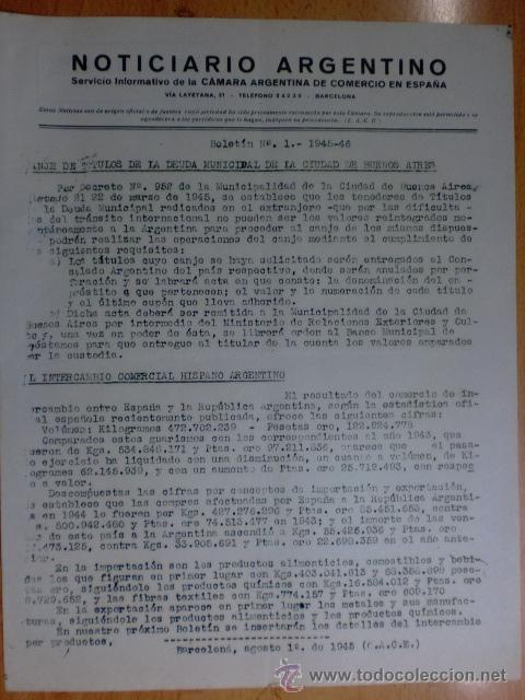 Commercial Letters: CIRCULAR. BARCELONA. AGOSTO 1945. NOTICIARIO ARGENTINO. BOLETIN N&ordm; 1 - 1945/46. VER EXPLICACION.