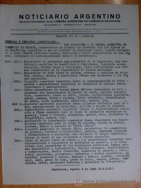 Commercial Letters: CIRCULAR. BARCELONA. AGOSTO 1945. NOTICIARIO ARGENTINO. BOLETIN N&ordm; 2 - 1945/46. VER EXPLICACION.