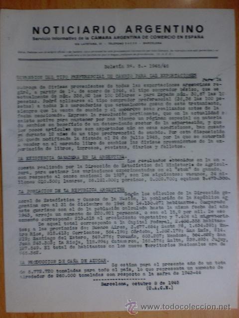 Commercial Letters: CIRCULAR. BARCELONA. OCTUBRE 1945. NOTICIARIO ARGENTINO. BOLETIN N&ordm; 5 - 1945/46. VER EXPLICACION.
