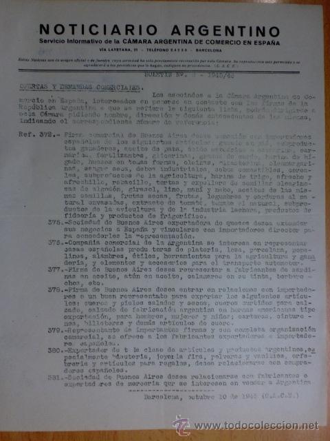 Commercial Letters: CIRCULAR. BARCELONA. OCTUBRE 1945. NOTICIARIO ARGENTINO. BOLETIN N&ordm; 6 - 1945/46. VER EXPLICACION.