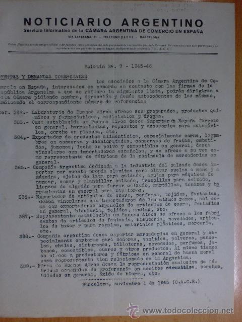 Commercial Letters: CIRCULAR. BARCELONA. NOVIEMBRE 1945. NOTICIARIO ARGENTINO. BOLETIN N&ordm; 7 - 1945/46. VER EXPLICACION.