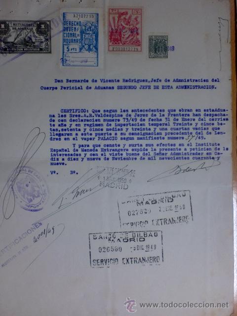 Cartas comerciais: CARTA COMERCIAL. CADIZ. NOVIEMBRE 1949. BERNARDO DE VICENTE RODRIGUEZ. JEFE ADMINISTRACION DE ADUANA