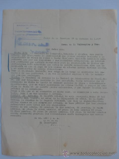 Cartas comerciais: CARTA COMERCIAL. JEREZ, CADIZ. OCTUBRE 1937. SINDICATO OFICIAL DE CRIADORES EXPORTADORES DE VINOS.