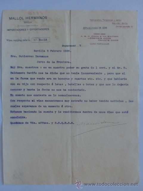 Cartas comerciais: CARTA COMERCIAL. SEVILLA. FEBRERO 1926. MALLOL HERMANOS. IMPORTADORES Y EXPORTADORES.