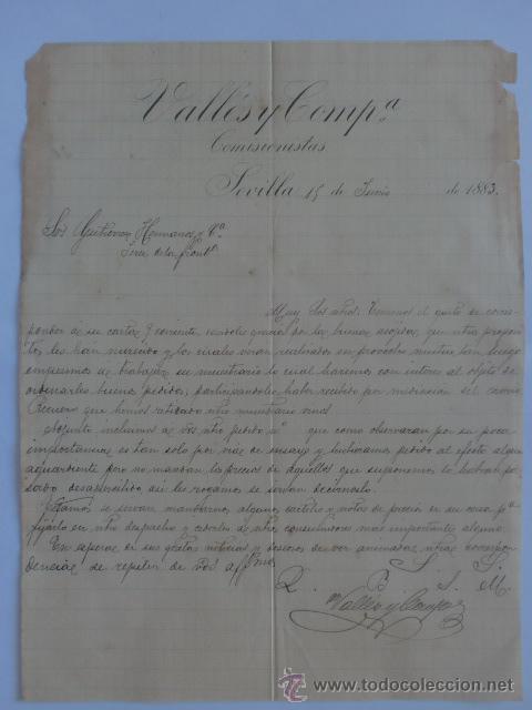 Cartas comerciais: CARTA COMERCIAL. SEVILLA. JUNIO 1883. VALLES Y COMP&ordf;. COMISIONISTAS.