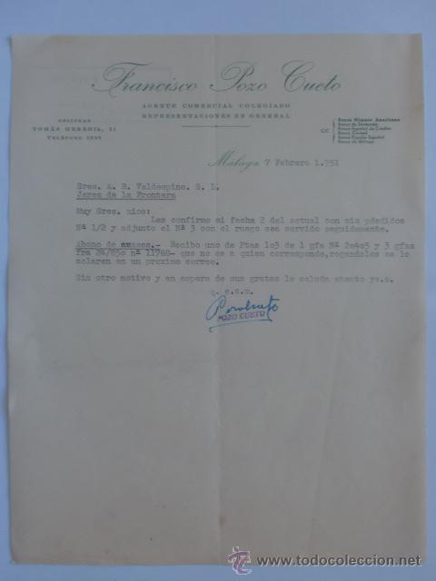 Cartas comerciais: CARTA COMERCIAL. MALAGA. FEBRERO 1951. FRANCISCO POZO CUETO. AGENTE COMERCIAL COLEGIADO.