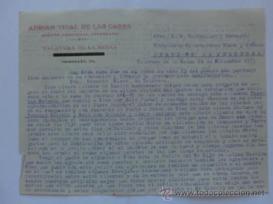 Cartas comerciais: CARTA COMERCIAL. TALAVERA DE LA REINA. DICIEMBRE 1933. ADRIAN VIDAL DE LAS CASAS. AGENTE COMERCIA.