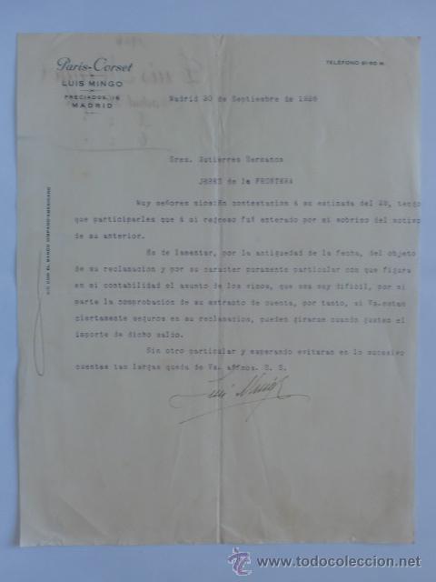 Cartas comerciais: CARTA COMERCIAL. MADRID. SEPTIEMBRE 1926. LUIS MINGO. PARIS-CORSET.