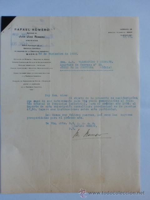Cartas comerciais: CARTA COMERCIAL. MADRID. DICIEMBRE 1935. RAFAEL ROMERO. ABOGADO.