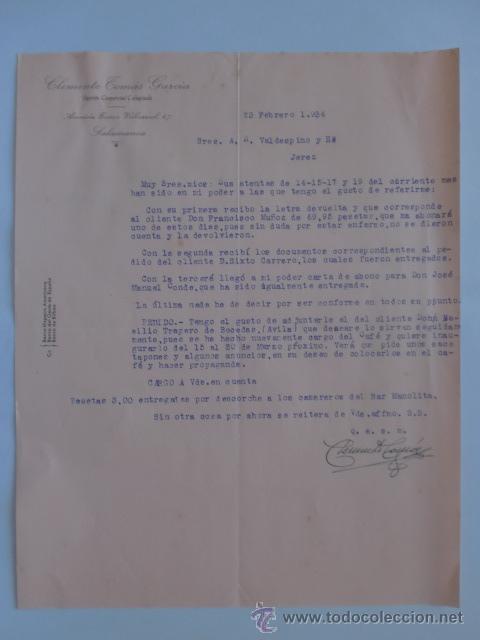Cartas comerciais: CARTA COMERCIAL. SALAMANCA. FEBRERO 1934. CLEMENTE TOMAS GARCIA. AGENTE COMERCIAL COLEGIADO.
