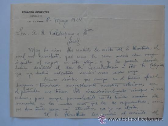 Cartas comerciais: CARTA COMERCIAL. LA CORU&Ntilde;A. MAYO 1934. EDUARDO CIFUENTES.