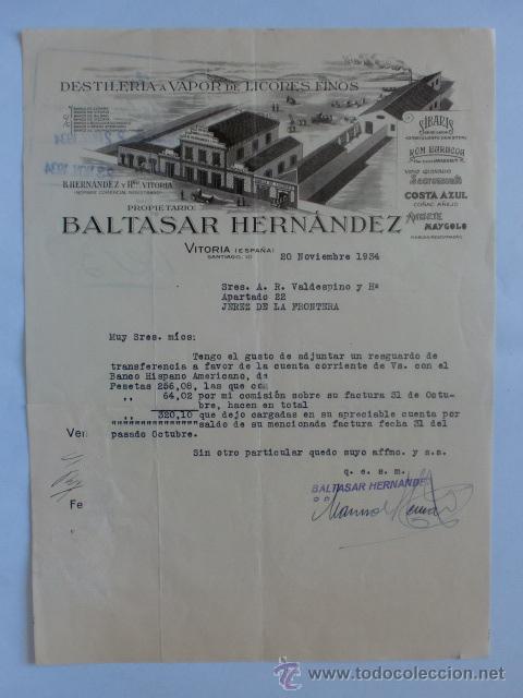 Cartas comerciais: CARTA COMERCIAL. VITORIA. MOVIEMBRE 1934. BALTASAR HERNANDEZ. DESTILERIA A VAPOR DE LICORES FINOS.